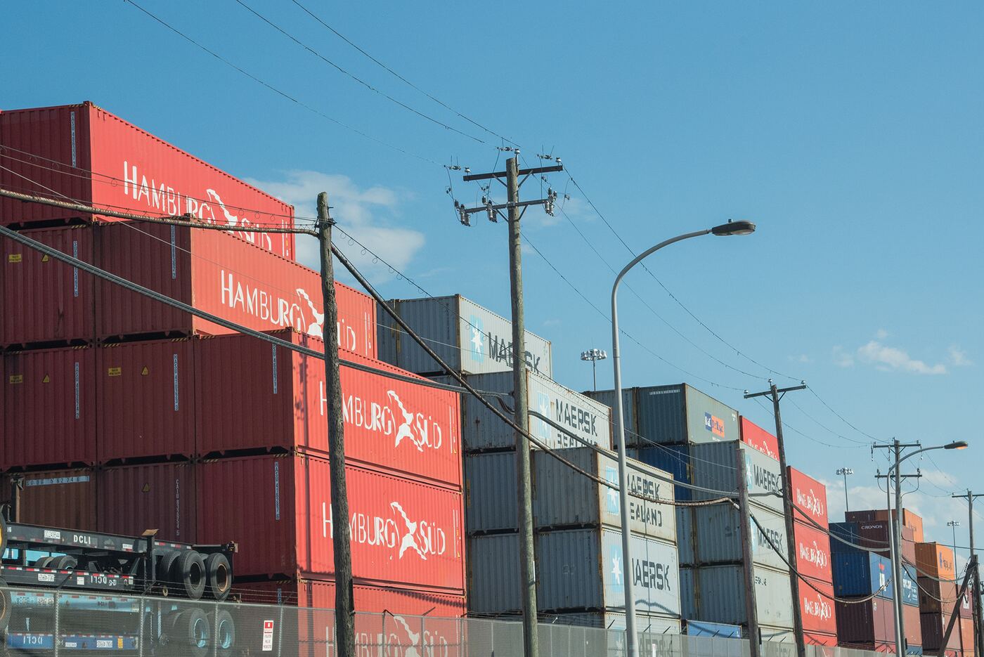 Hamburg S&uuml;d and Maersk containers stacked in South Philadelphia